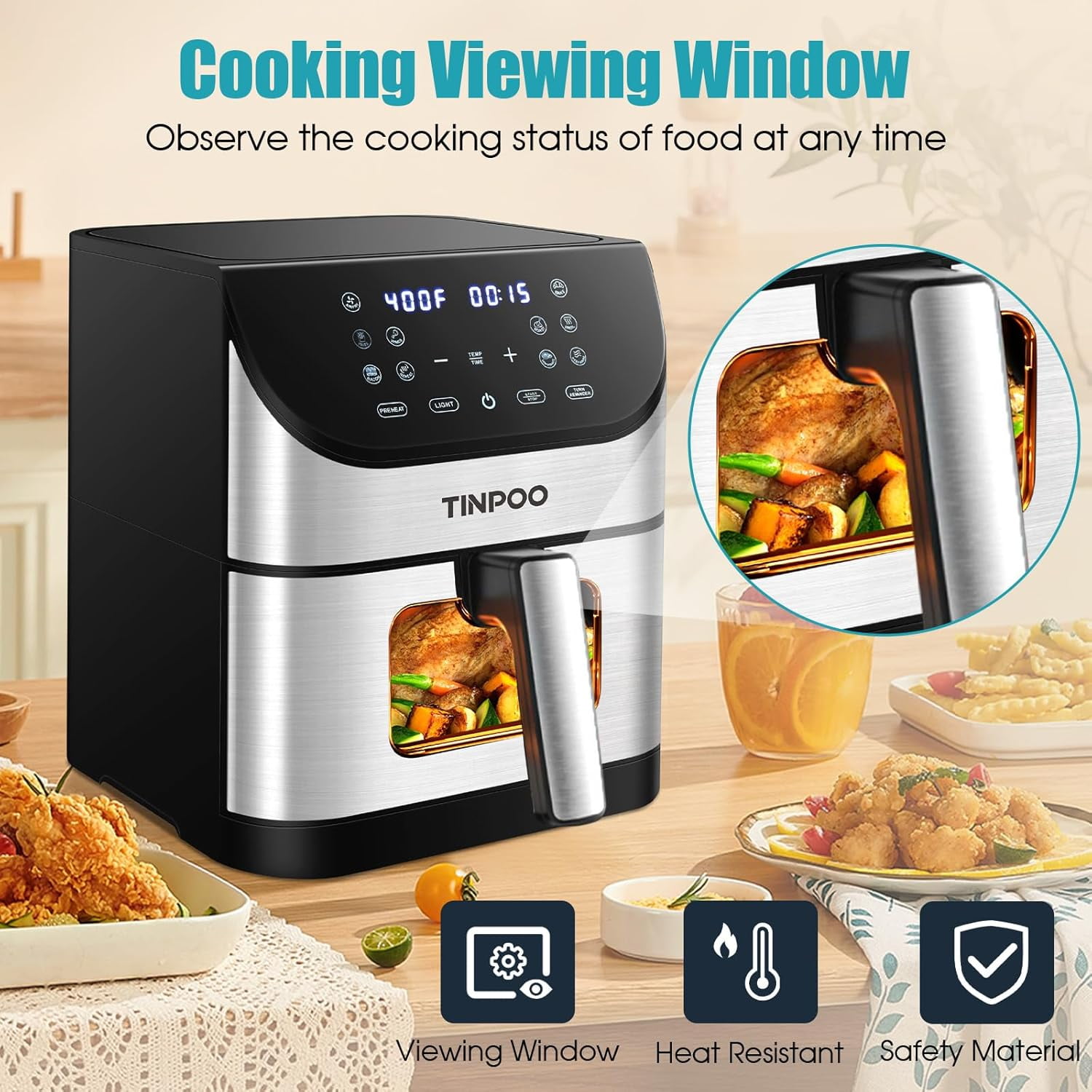 6.2 QT Oilless Large Capacity 1500W Oven Air Fryers Healthy Cooker with 10 Preset, Visual Cooking Window, Non-Stick Basket