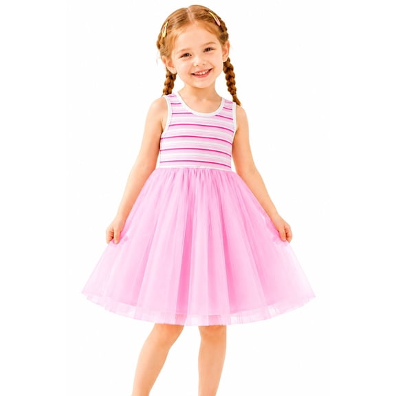 HILEELANG Toddler & Little Girls Striped Ribbed Tulle Dress, Blush Pink Sleeveless Summer Party Dress, 2T-7T