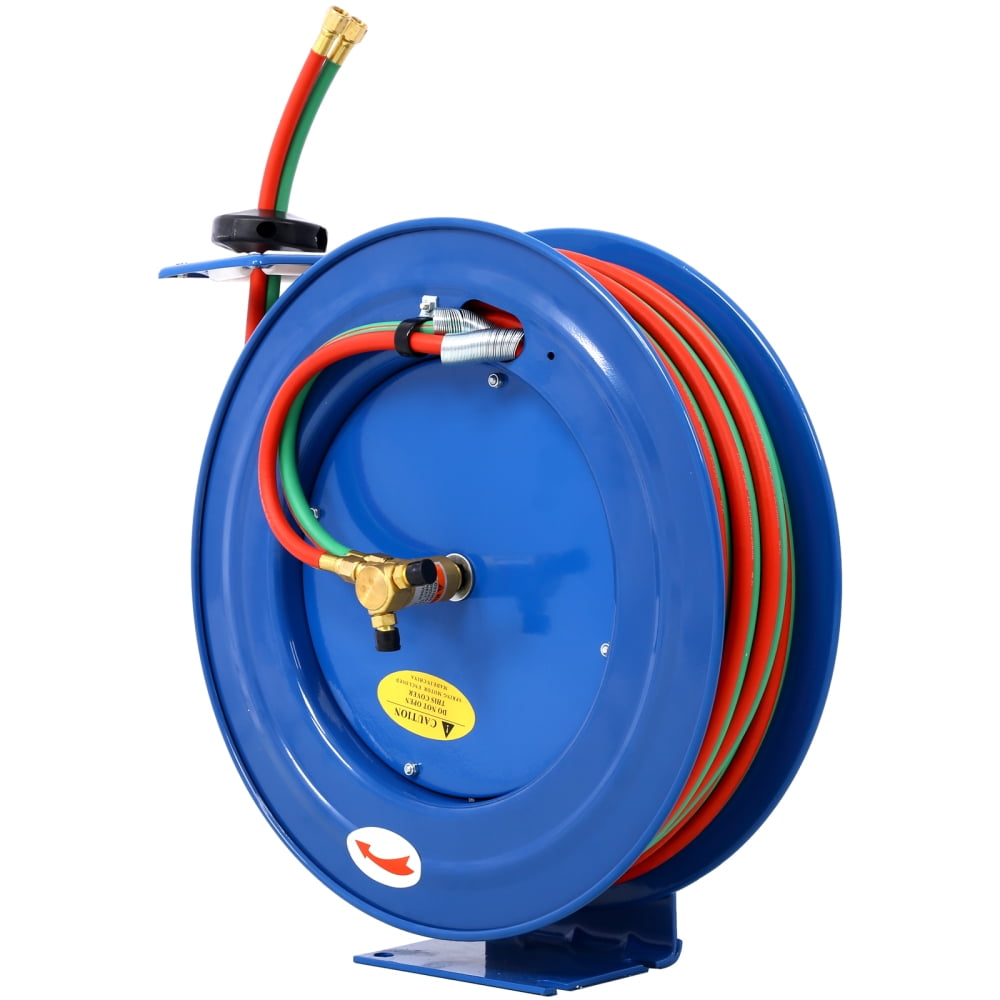 Blue Retractable Welding Hose Reel 1/4 Inch x 100 Ft Twin Oxygen Acetylene Rubber Hoses 200PSI Heavy‑Duty Industrial Single Arm Construction