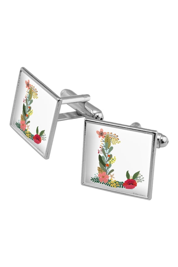 Letter L Floral Monogram Initial Square Cufflink Set - Silver or Gold