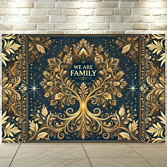 We Are Family Backdrop Golden Navy Blue Ornate Family Tree Reunion Photography Background Welcome to Our Family Members Banner Welcome Family Gathering Supplies Photo Props