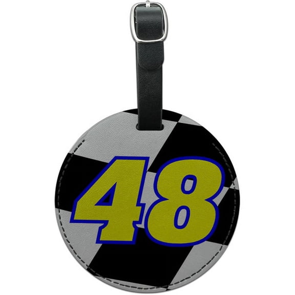 Number 48 Checkered Flag Racing Round Leather Luggage ID Tag Suitcase Carry-On