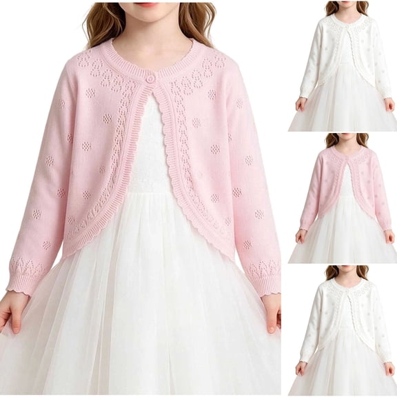 WAVSUF Kids Girls Knit Cardigan Round Neck Long Sleeve Cotton Soft Fall Lightweight Comfort Sweater Pink 10-12