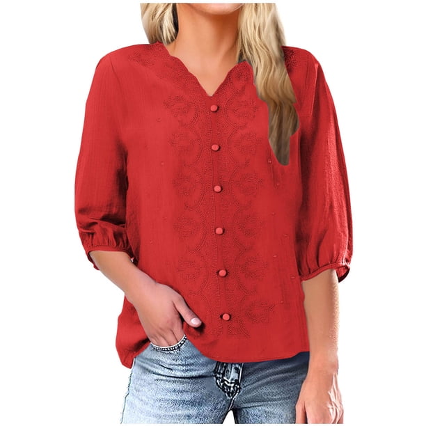 Vestidos Casuales Para Mujer Camiseta de lino de manga corta con cuello en V para mujer, color liso, estilo lino, talla grande, manga corta, cuello en V, top/camiseta de manga corta con cuello en V