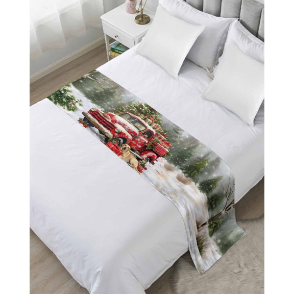 Christmas Bed Runner for King Size Bed, Red Truck Snowflake Forest Xmas Tree Bedspread Protector Slipcover Bed Scarf for Foot Bed Runners & Scarves for Bedroom Hotel Wedding Room 102x20 Inches