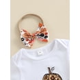 thumbnail image 5 of Qmyliery 3Pcs Baby Girls Halloween Outfit, Pumpkin/Letter Print Short Sleeve Romper + Shorts + Headband Set for Infants, 0-18 Months, 5 of 9