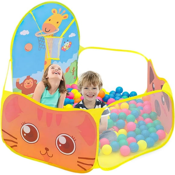 Kids Ball Pit, Pop Up Folding Cartoon Play Tent Pit Pool with Basketball Hoop for Kids,120 * 74 cm,Yellow