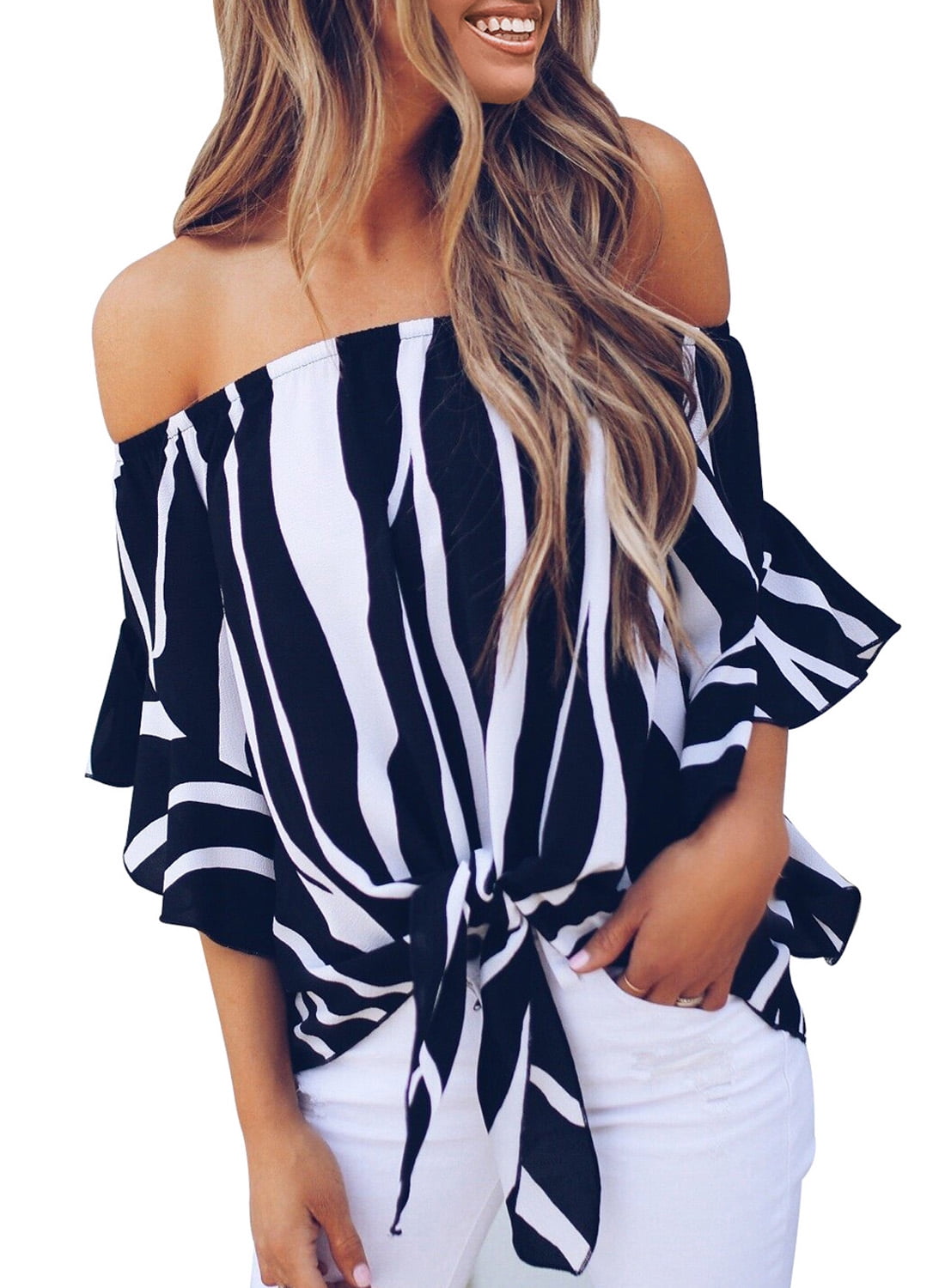 Aleumdr Womens Striped Print Off Shoulder 3 4 Flare Sleeve Tie Knot Blouses Tops Casual Shirts