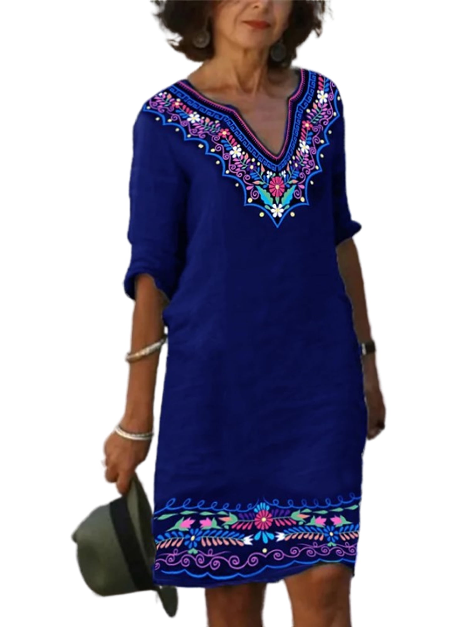 Cindysus Women Casual 3/4 Sleeve Knee Length Dress Ladies Loose Dresses