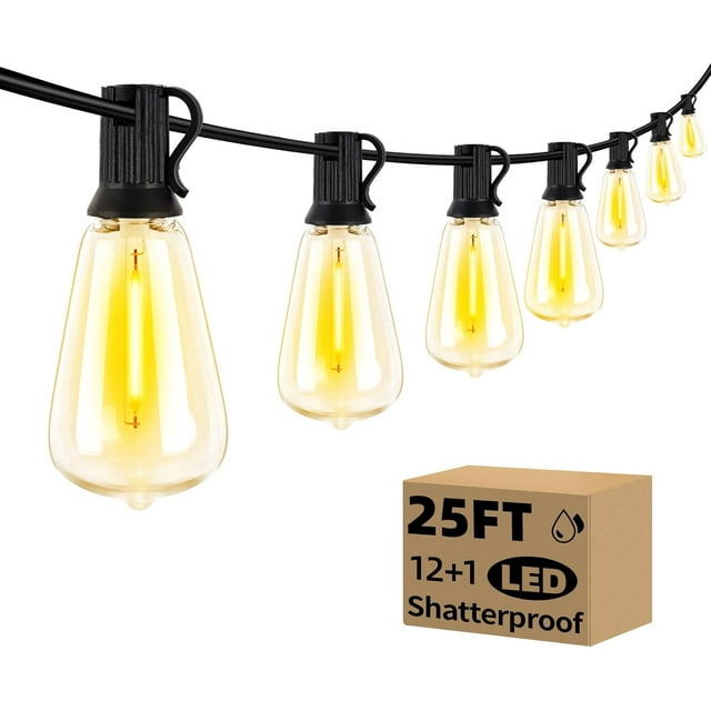 REJODA-25FT Outdoor String Lights with 12+1 LED Edison Bulbs Dimmable, Waterproof Exterior Patio Lights, Connectable Shatterproof ST38 Hanging Lights for Backyard Garden Balcony Party, Warm White 220