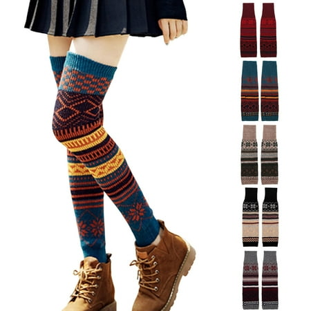 

D-GROEE 1 Pair Thermal Socks Bohemia Style Stripe Jacquard Weave High Stretchy Knitting Keep Warm Thicken Women Knit Knee-High Winter Boot Socks for Travel