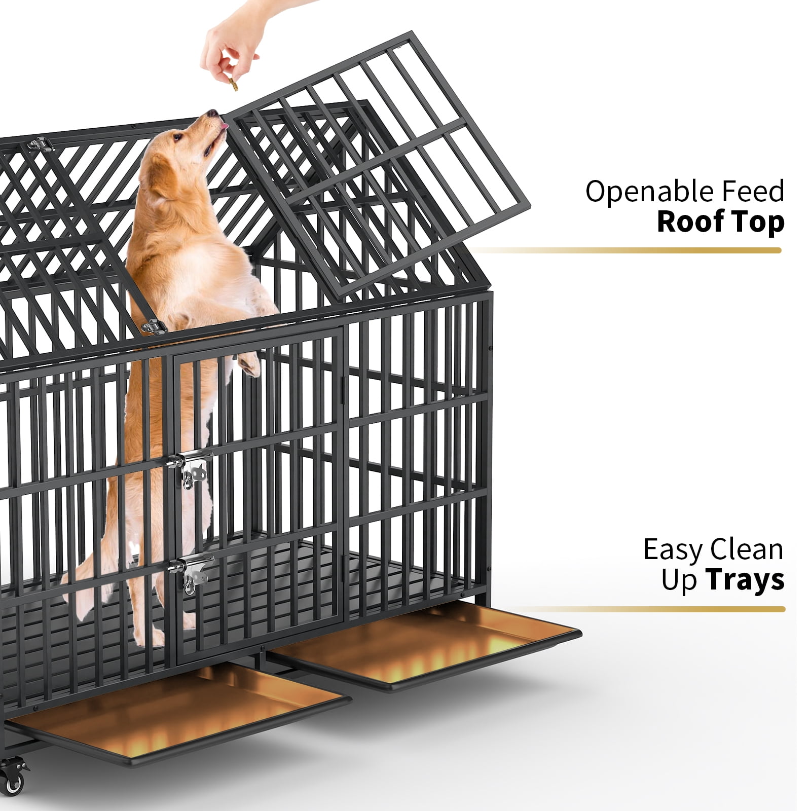 52 Inch Heavy Duty Dog Crate Extra Large Dog Cage Kennel, Indestructible XXL Dog Crate with Roof Top, Trays and Wheels, Escape Proof for High Anxiety Giant Dogs