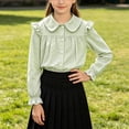 thumbnail image 4 of ITSAME Girls Button Down Shirts Cotton Ruffle Lapel Long Sleeve School Uniform Blouses Fashion Casual Tops Green Size 6, 4 of 7
