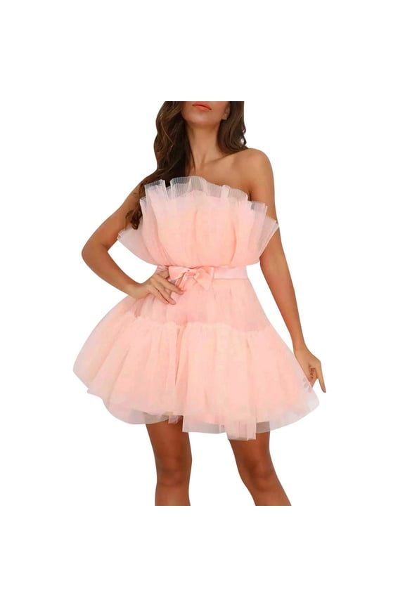 European Style Tube Top Mesh Elegant Bow Tie Tutu Party Dress for Women Fashionable Layered Attire Pink XXL