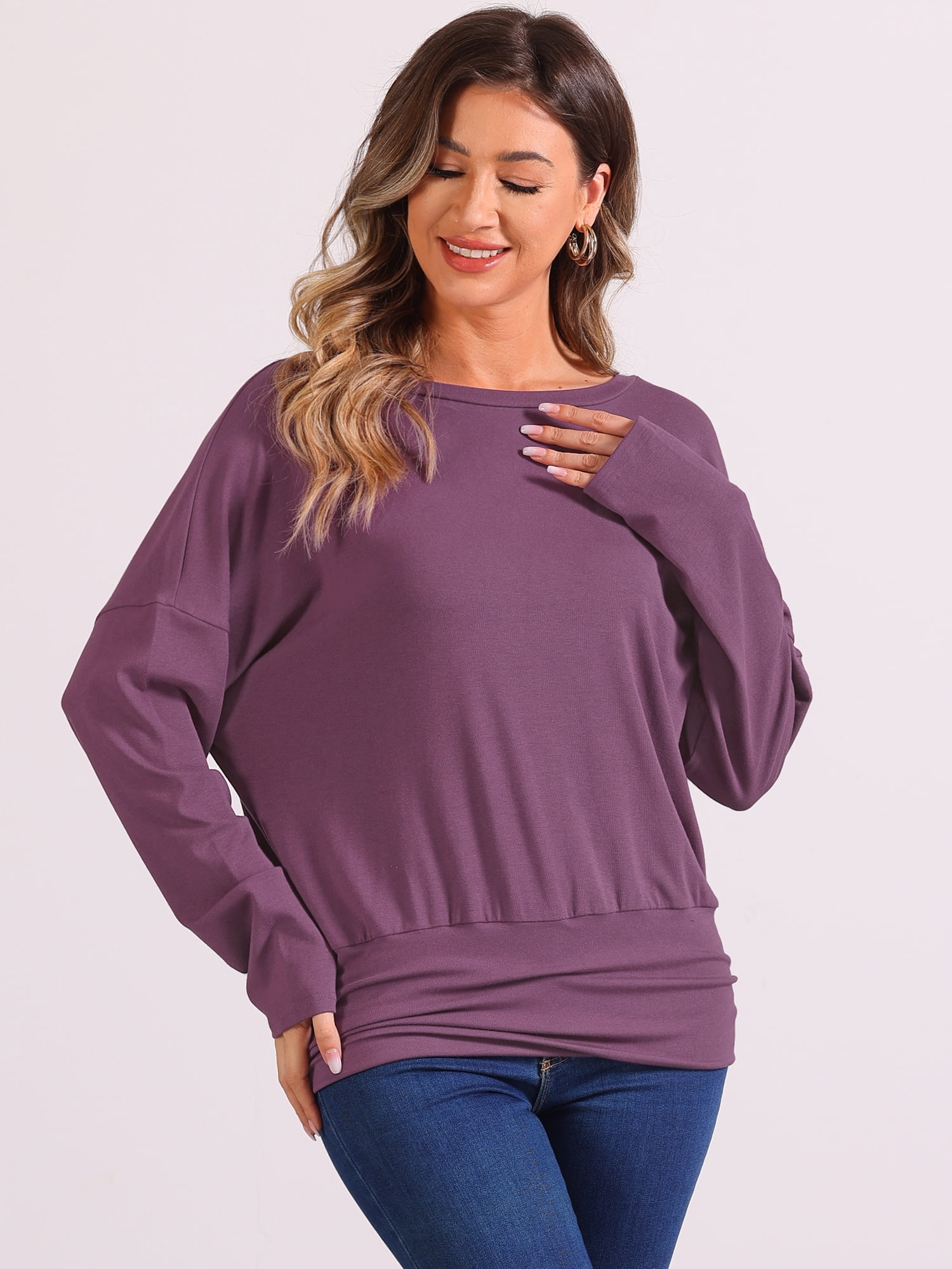 DARING DIVA Women's Casual Long Sleeve Knit Drop Shoulder Loose Blouses XS Plum Purple