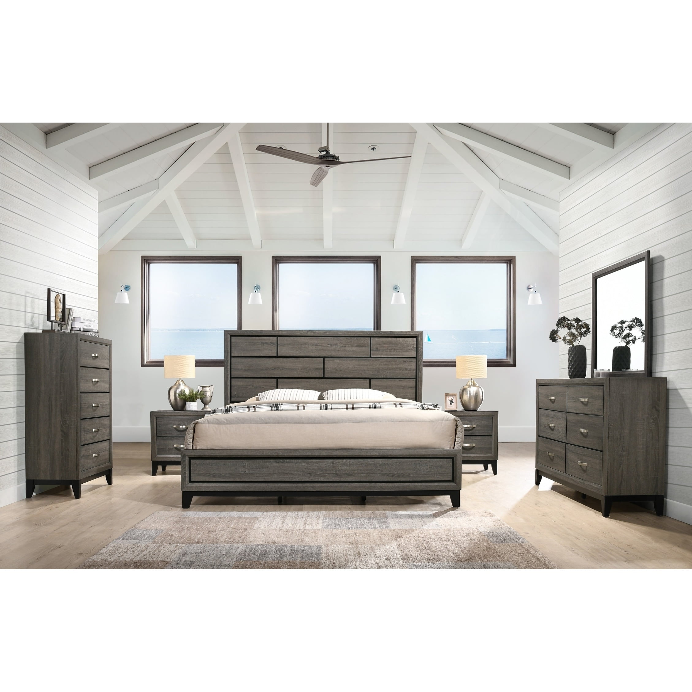 Stout Carved Detailed Panel Bed, Wood, Dark Ash Gray, King Size