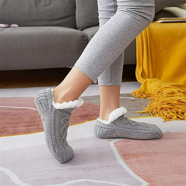 Indoor Floor Non-Slip Thermal Socks,Woven and Velvet Indoor Socks Slippers,Women  Winter Non-Slip House Slipper Socks Thermal Socks Winter (Grey,9.5-10.5) 