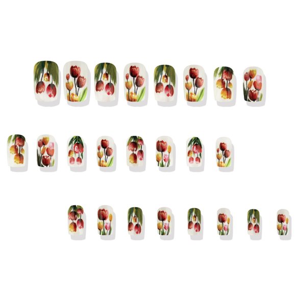 Romantic Colorful Tulips False Nails, Spring Floral Nail Stickers, Milky White Press-On Nails with Painting Graffiti Design, Easy Apply Reusable Artificial Nails, Trendy Nail Art Stickers