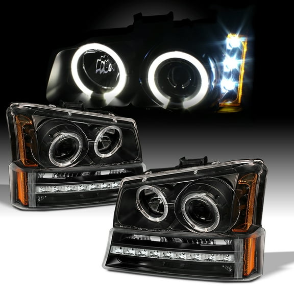 AKKON - For 2003-2006 Chevy Silverado Black Housing Dual Halo Projector Headlights   LED Bumper Signal Lamps