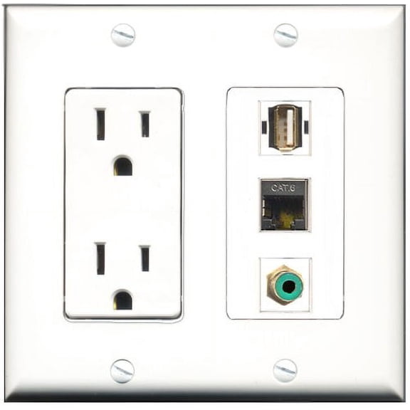 RiteAV - 15 Amp Power Outlet 1 Port RCA Green 1 Port USB A-A 1 Port Shielded Cat6 Ethernet Ethernet Decorative Wall Plate