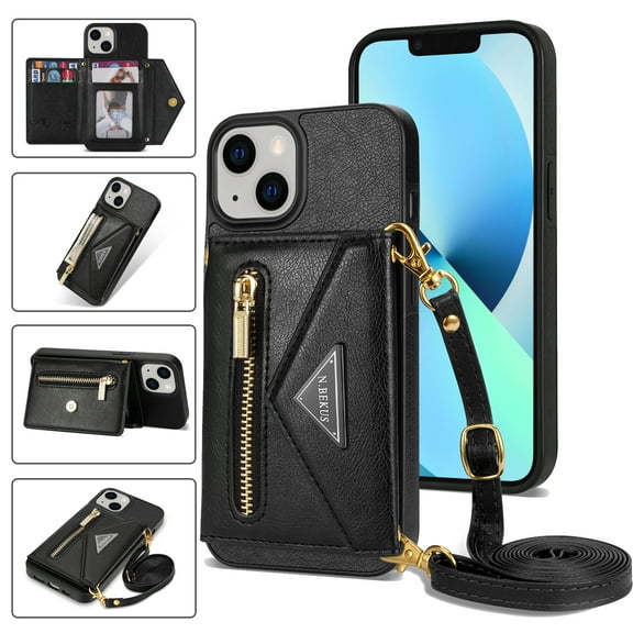 Crossbody Wallet Women Case for iPhone 14,Credit Card Pocket Zipper Pouch with Shoulder Strap, PU Leather Kickstand Back Flip Envelope Design For iPhone 14, Black