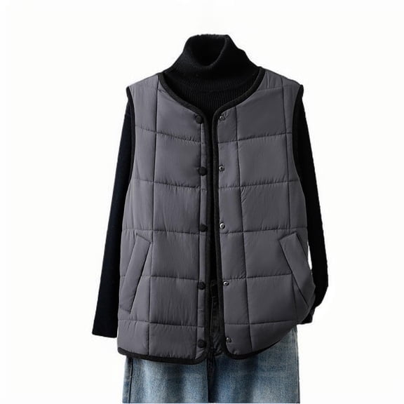 Uaswgudfs Women's Gray Quilted Vest, Sleeveless Crew Neck Casual Winter Puffer Gilet - Outerwear Gray L