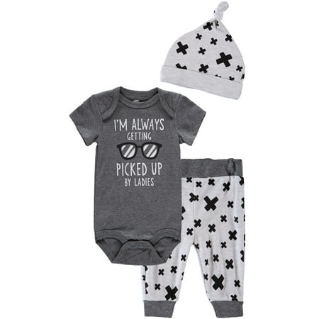 Bon Bebe Boys 0-9 Months Bodysuit Pant Set with Matching Hat Charcoal 3-6 Months