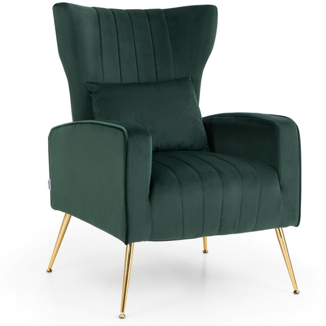 Costway Velvet Upholstered Wingback Chair with Lumbar Pillow & Golden Metal Legs Turquoise