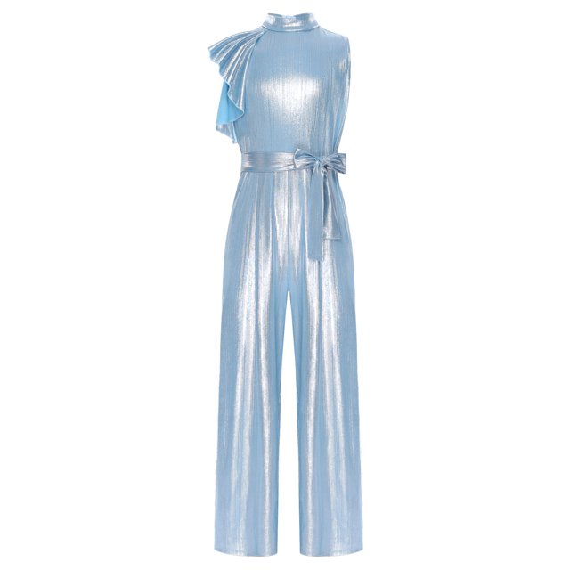 inlzdz Combinaison Longue Taille Haute pour Enfants avec Ceinture, à Volants, Col Rond, Manches Courtes, Bleu 8