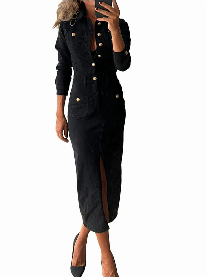 long denim dress with slit Elegant Denim large lapel collar, cut out waist summer slit long dress
