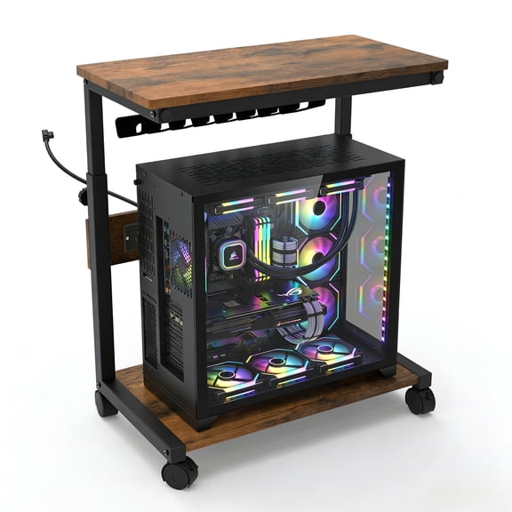 Adjustable Computer Tower Stand with USB Charging – 2-Tier Mobile CPU Holder Cart, Locking Wheels, Under Desk PC Rack – Walnut – US Standard