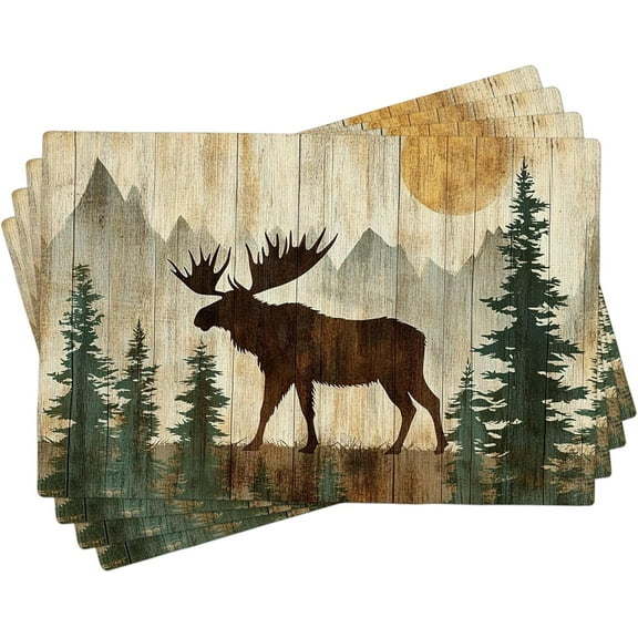 Moose Placemats Set of 4, Rustic Wood Mountain Table Mats for Year-Round Dining, Washable Indoor Outdoor Nature-Themed Decor 18x12 Inch