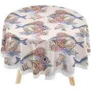 SKYSONIC Unique Summer Sea Fish Round Tablecloth 60inch Indoor Wrinkle Free, Circular Lace Table Cover Washable for Kitchen Party BBQ Dining Decor