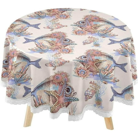 SKYSONIC Unique Summer Sea Fish Round Tablecloth 60inch Indoor Wrinkle Free, Circular Lace Table Cover Washable for Kitchen Party BBQ Dining Decor