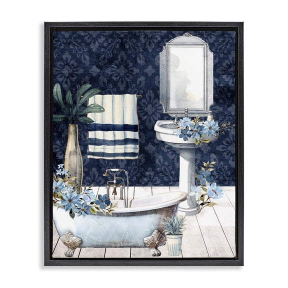 Stupell Industries Blue Bath Floral Scene Black Framed Floater Canvas Wall Art design by Kim Allen, 21 x 17