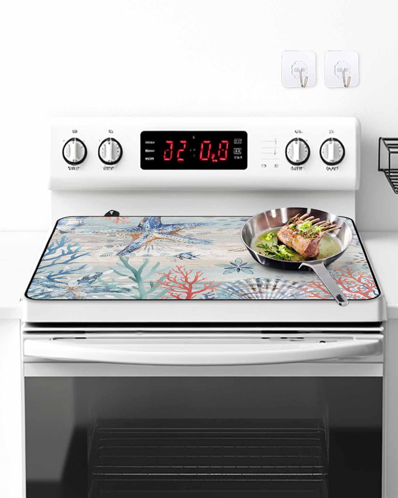Stove Top Covers for Electric Stove, Coastal Starfish Glass Stovetop Cover Protector, Blue Nautical Coral Seashell Wooden Induction Cooktop Protector Oven Mat for Kitchen Countertop 24"x21"