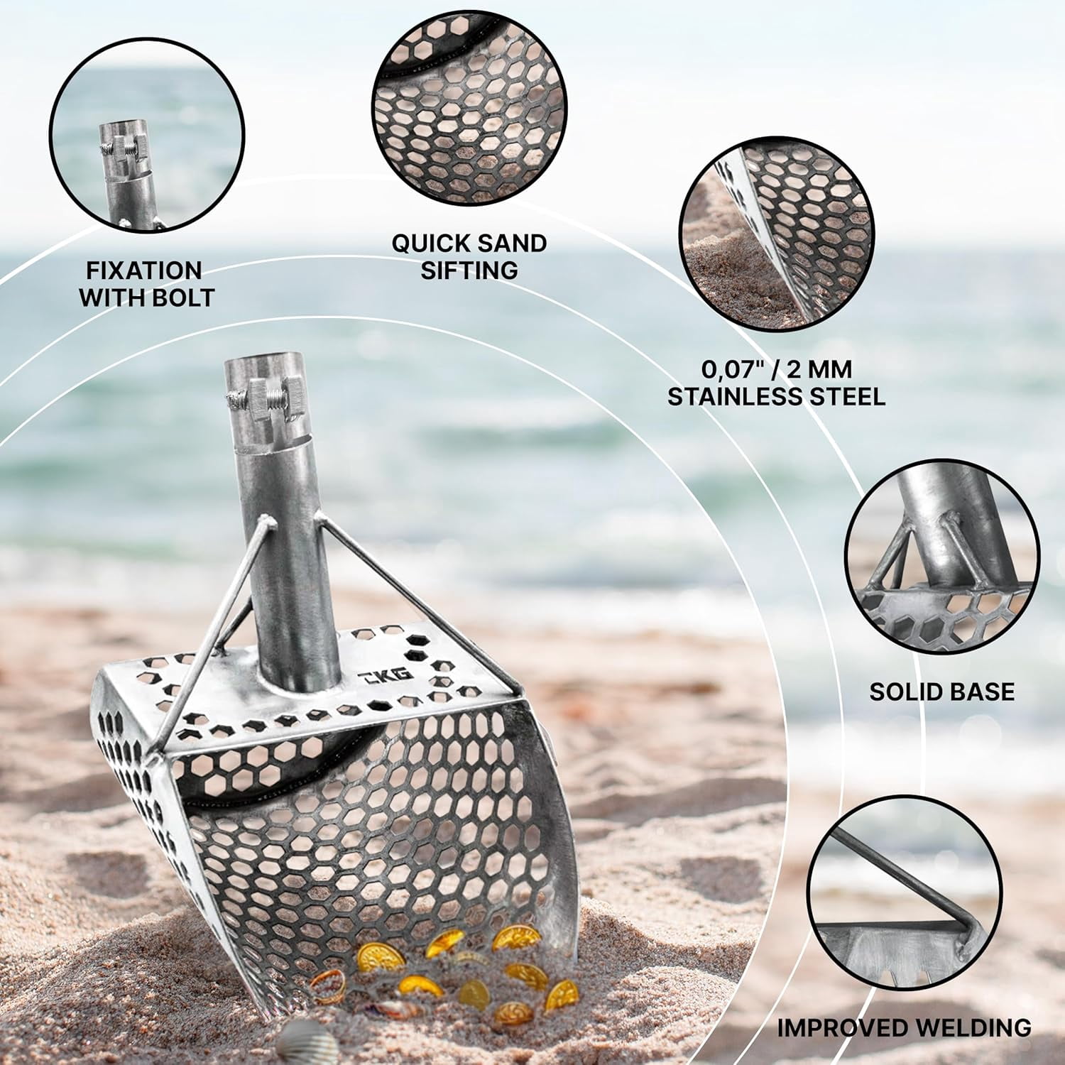 CKG Sand Scoops for Beach Metal Detecting Stainless Steel Beach Metal Detecting Shovel Underwater Treasure Hunting, Metal Detector Accessories(Bag + Scoop + Carbon Fiber Handle), (9x6 + Handle)