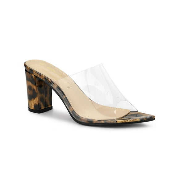 BLISSFUL STEP Women's Clear Point Toe High Block Heel Mules Slides Sandals Leopard 8