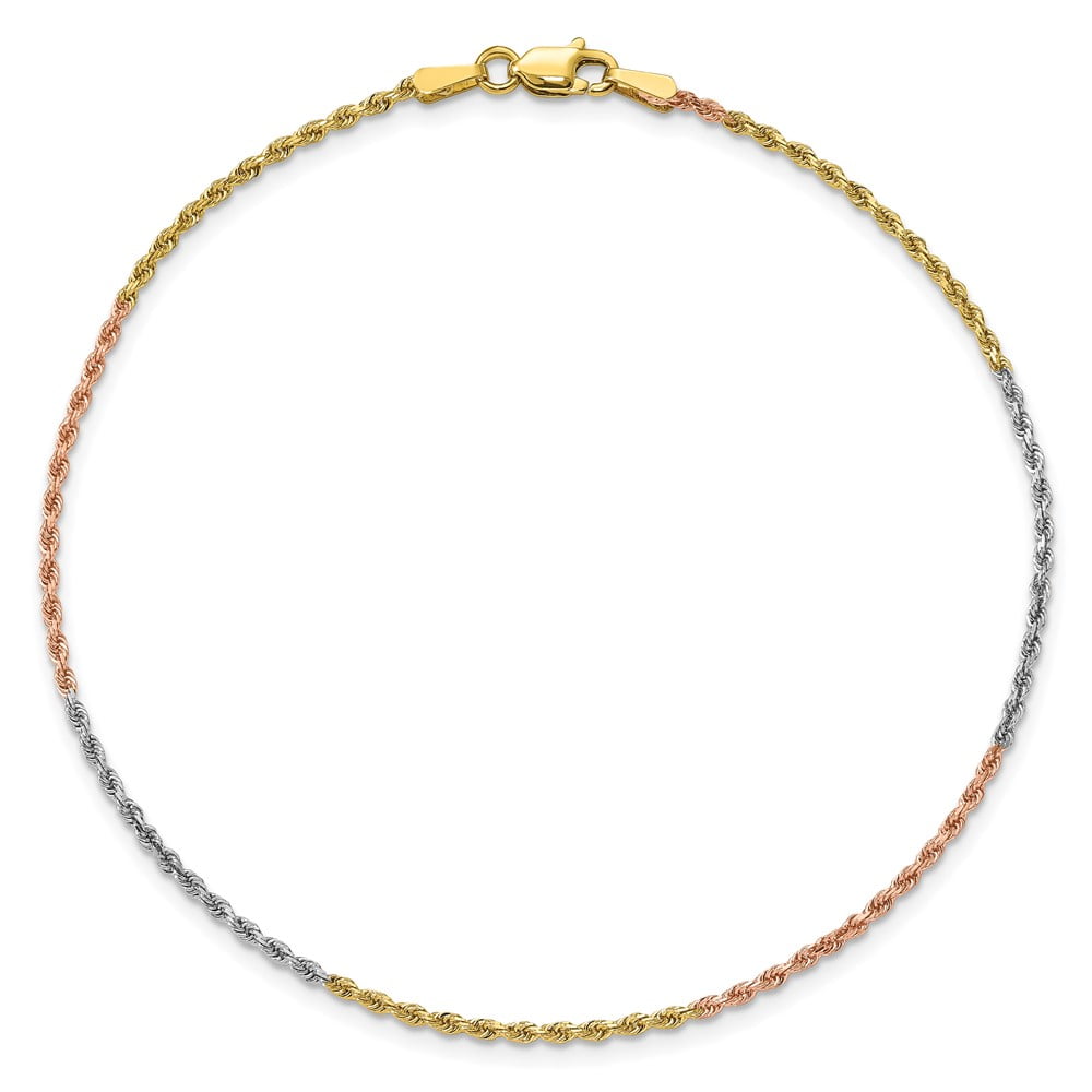 14k Tri-Color Anklet 9 inch 1.5 mm Tri-colored Diamond-cut Rope with Lobster Clasp
