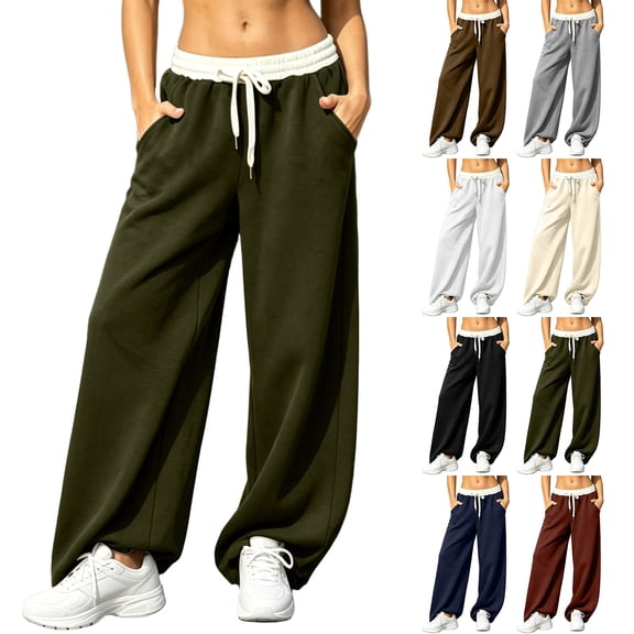 HomeDM Women's Sweatpants Wide Leg Baggy Thin Fleece Lounge Sweat Pants Elastic Waist Drawstring Joggers with Pockets Army Green L
