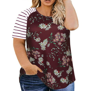 Plus Size 3/4 Sleeve Shirts for Women Floral Print V Neck Blouses Tunic ...