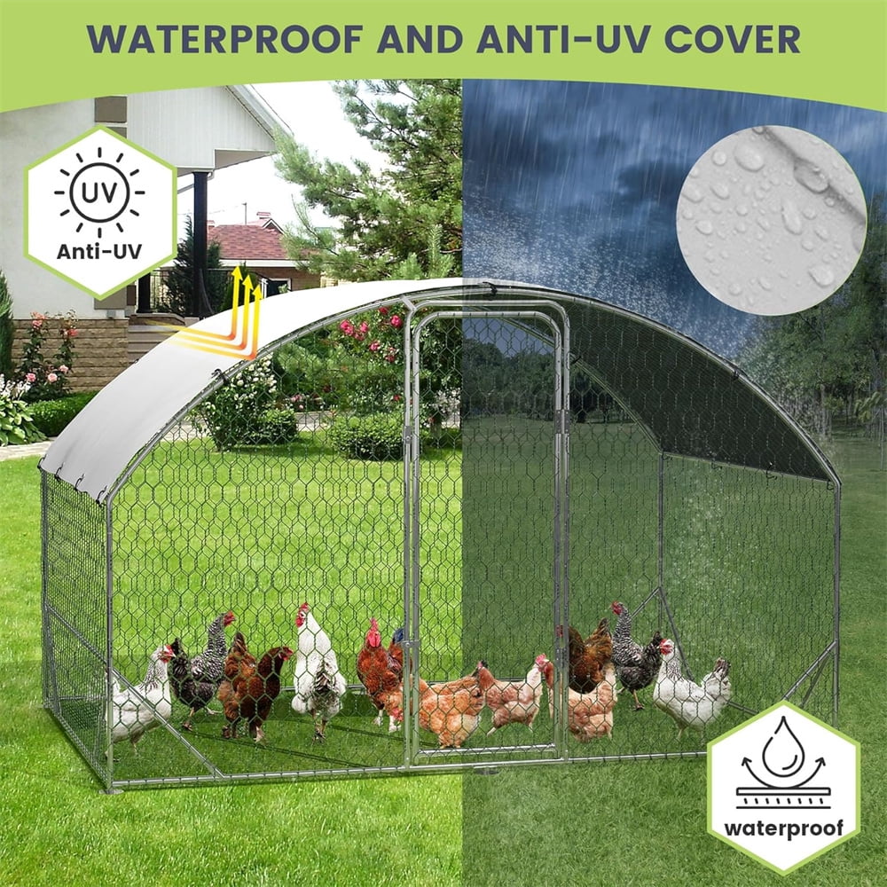 Large Metal Chicken Coop with Stiffener, Walk in Poultry Cage Chicken Run Pen with Waterproof Oxford Roof & PVC Hex Mesh Fencing for Chickens, Ducks, Rabbits, Quails