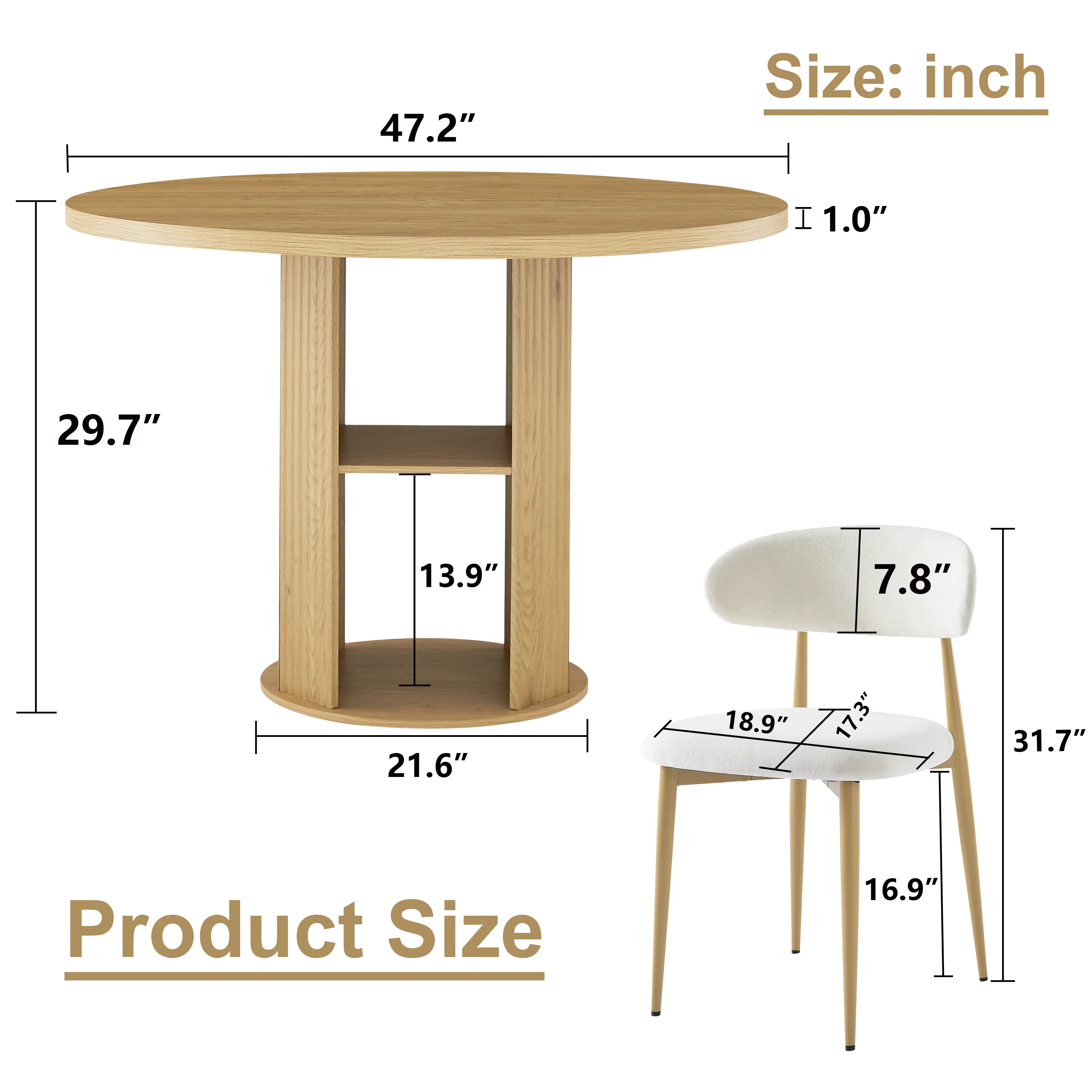 Aukfa 2 Pcs Round Dining Table Set with 2-Tier Storage Shelves, 2 Upholstered Chairs, Natural