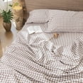 thumbnail image 6 of MooMee Gingham Sheet Set 100% Washed Cotton Linen Like Textured Extra Deep Pocket Breathable Lightweight 4-Piece (Brown, Queen), 6 of 9