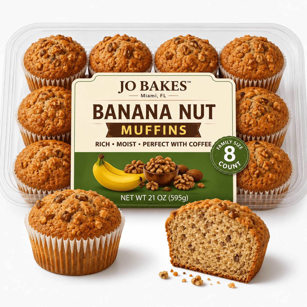 JO BAKES Banana Nut Muffins – Soft Fresh‑Baked Muffins with Real Banana & Crunchy Walnuts – 8 Count