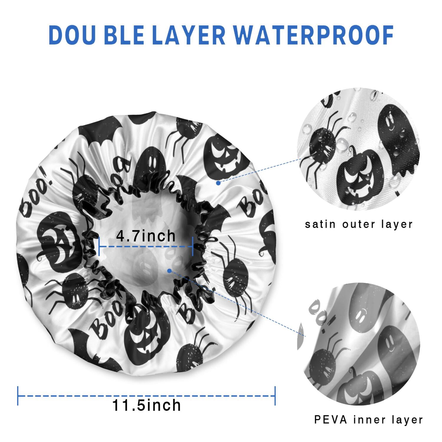 Shower Caps,Halloween Black Ghosts Bats and Pumpkins Waterproof Shower Cap for Women 4 Pieces,Double Reusable Hair Cover for Shower PEVA Elastic Stretch Hem