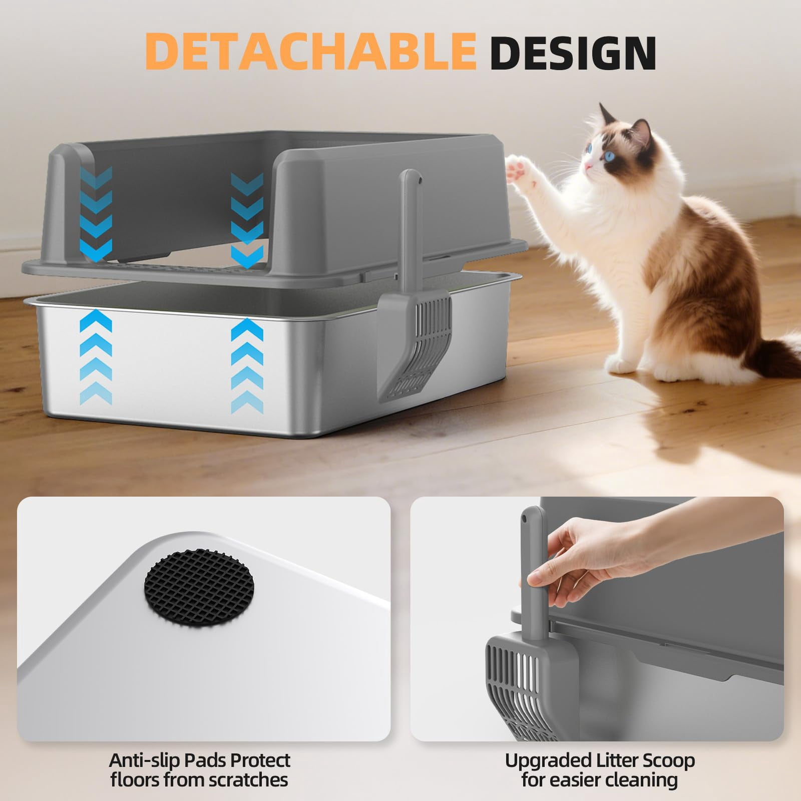 Enclosed Stainless Steel Cat Litter Box With Lid  Xl Extra Large For Big Cats Metal Pan High Sided Never Absorbs Odors Anti-urine Leakage Include Scoop (65-lightgray)