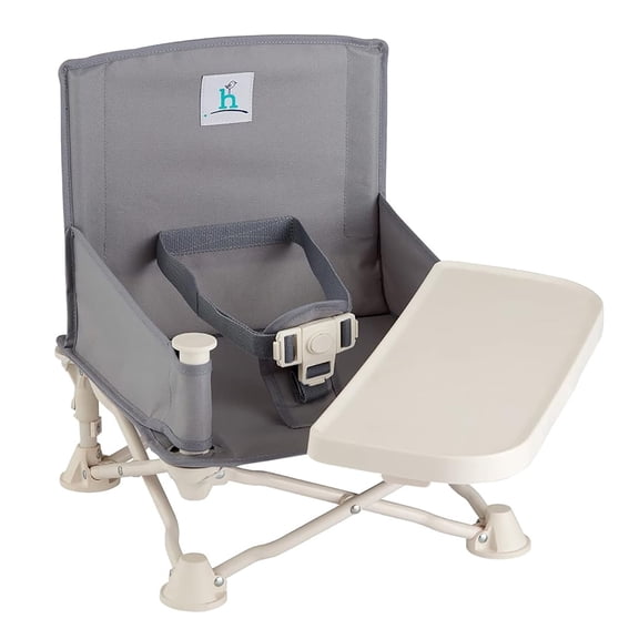 Hiccapop OmniBoost Travel Booster Chair with Tray, Folding Portable Booster Seat for Dining Table, Camping, Beach, Grandma’s, Tip-Free Design, Gray
