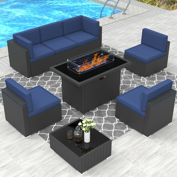 Sunny Hill 8 Steel All Weather Outdoor Conversation Sets with Sofas and Table, Navy Blue