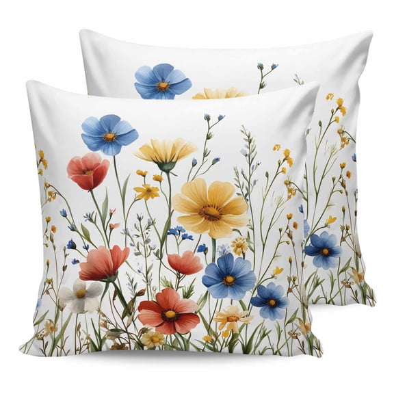 24x24 Pillow Covers Set of 2, Red Blue Yellow Spring Floral Throw Pillow Covers Decorative Couch Cushion Case, Blooming Summer Botanical Microfiber Square Pillowcases for Bedroom Car Living Room